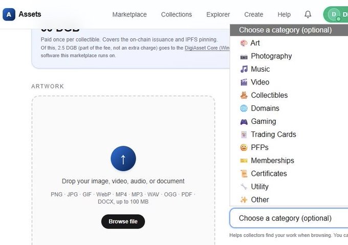 A digital asset upload page showing an artwork creation interface with a 'Drop your image, video, audio, or document' area and a category selection menu including Art, Photography, Music, Video, and other options.