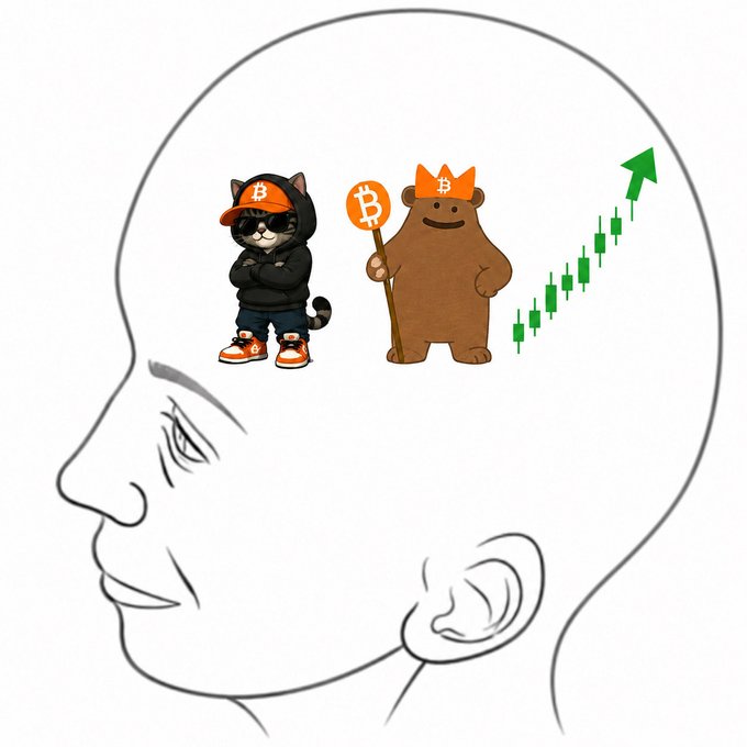 An illustration of a bald head in profile, with a thought bubble containing a cat in a Bitcoin cap, a bear in a Bitcoin crown holding a staff, and a rising green Bitcoin price chart.