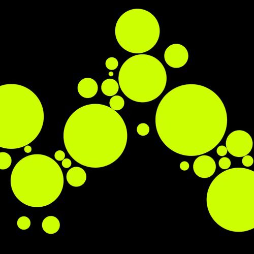An abstract design featuring multiple bright green circles of varying sizes clustered against a solid black background.