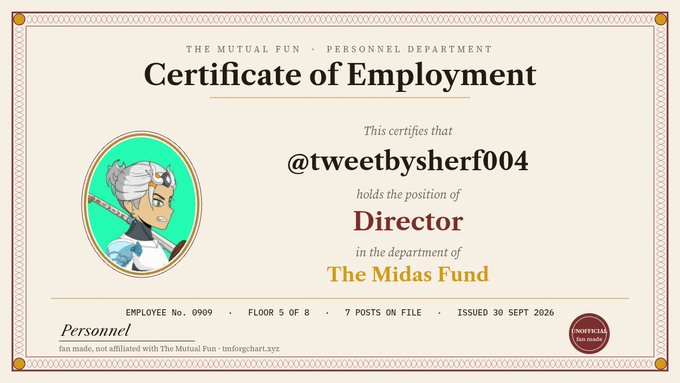 A digital Certificate of Employment from The Mutual Fun Personnel Department certifying '@tweetbysherf004' as Director in the department of The Midas Fund, Employee No. 0909, issued 30 Sept 2026.