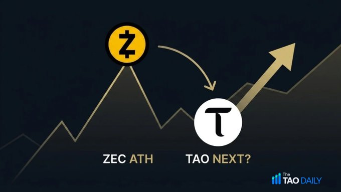 A dark-themed graphic by "The TAO Daily" depicts a stylized price chart with a gold "Z" token labeled "ZEC ATH" (all-time high) at a peak, with an arrow pointing down to a white "T" token labeled "TAO NEXT?"—symbolizing Zcash's recent surge to $876 and Bittensor (TAO) as the potential next beneficiary of a Grayscale spot ETF.