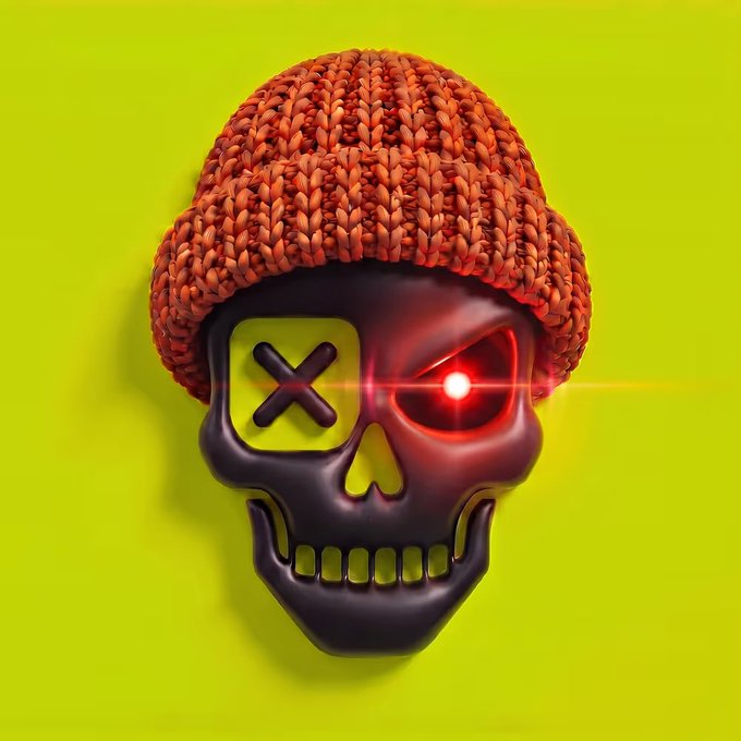 A 3D rendering of a black skull wearing a textured orange beanie, featuring an 'X' for one eye and a glowing red mechanical eye, set against a bright yellow-green background.
