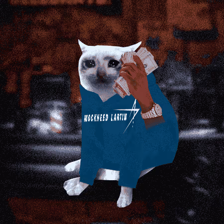 A surreal digital illustration of a white cat wearing a blue 'NOCKNEED LARFIN' shirt, holding a stack of cash with a dark-skinned hand.