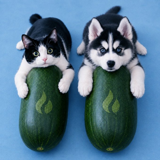 A tuxedo cat and a Siberian Husky puppy lying on a blue surface, both resting their paws on large green zucchinis that have a flame logo carved into them.