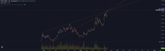 A Hyperliquid (HYPE/USDC) candlestick chart shows the price breaking upward through a rising channel pattern, with visible levels marked around $99.25 and $120.29, supporting the post's claim that the $100 psychological resistance has been surpassed and projecting a new target of $240.