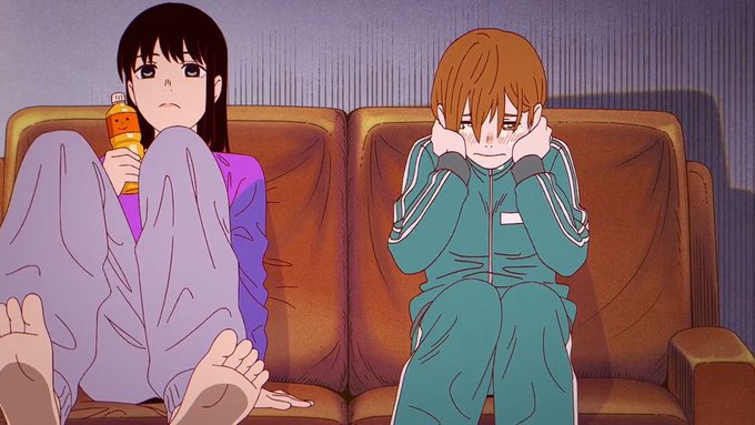 Two animated characters sit on a brown couch; the girl on the left in purple pajamas holds a bottle of 'Orange' drink, while the boy on the right in a green tracksuit covers his ears.