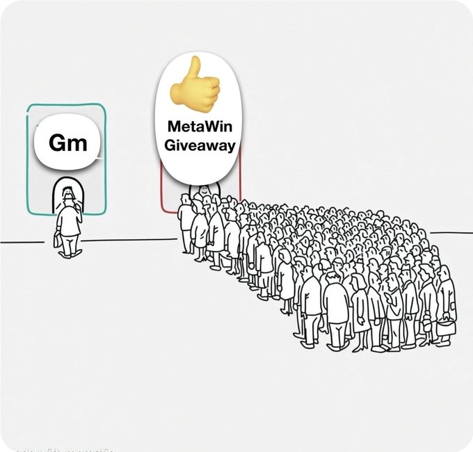 The illustration shows one lone figure approaching a door labeled "Gm" while a massive crowd lines up behind them for the "MetaWin Giveaway." It satirizes how a small "GM" gesture in web3 is dwarfed by the overwhelming rush of users chasing giveaway rewards, fitting the post's request for MetaWin usernames.