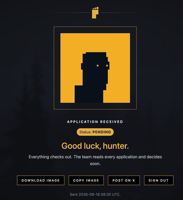 A dark-themed digital application screen displaying a pixelated avatar, the text 'APPLICATION RECEIVED', a 'Status: PENDING' badge, and the message 'Good luck, hunter,' with options to download or share the image.