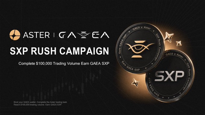 The image features a poster for an upcoming Bitcoin Rush Campaign sponsored by Sxp and Aster i Gemini. The campaign's theme is centered around investing in cryptocurrency, specifically with a goal of trading Bitcoin. The text displayed within the poster encourages users to invest their $100,000 and complete the Aster trading task as part of this campaign.