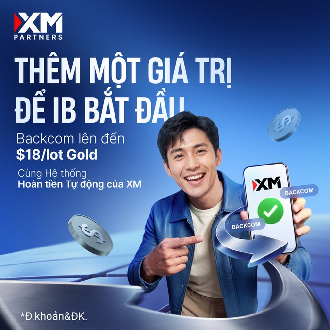 A promotional advertisement for XM Partners featuring a smiling man pointing to a smartphone screen, with the headline "THÊM MỘT GIÁ TRỊ ĐỂ IB BẮT ĐẦU" and offers for "Backcom lên đến $18/lot Gold."