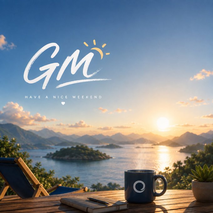 A scenic 'GM - Have a nice weekend' greeting card showing a coastal view at sunset with mountains, a wooden table holding a blue mug, a notebook, and a small plant.