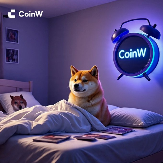 A Shiba Inu sits on a bed next to a smaller dog peeking out from the covers, with a neon "CoinW" alarm clock glowing on the wall, tying into the "GM" (Good Morning) post by playfully depicting a cozy morning wake-up scene.