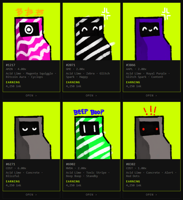 A grid of six pixel-art machine character NFTs from RH MACHINES with various traits like Acid Lime, Magenta Squiggle, Zebra, and Royal Purple.