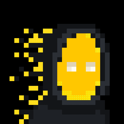 Pixel art depicting a hooded yellow/golden figure with glowing white eyes, surrounded by floating yellow particles against a dark background.