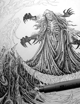 A highly detailed black and white ink drawing depicts a monstrous, skeletal figure emerging from a massive wave, with exposed ribs, clawed hands, and long flowing hair, embodying the haunting theme of "Desire for Revenge." The intricate illustration visually captures the raw emotion and dark energy of the piece, complementing the post's title and its 0.069 ETH reserve price.