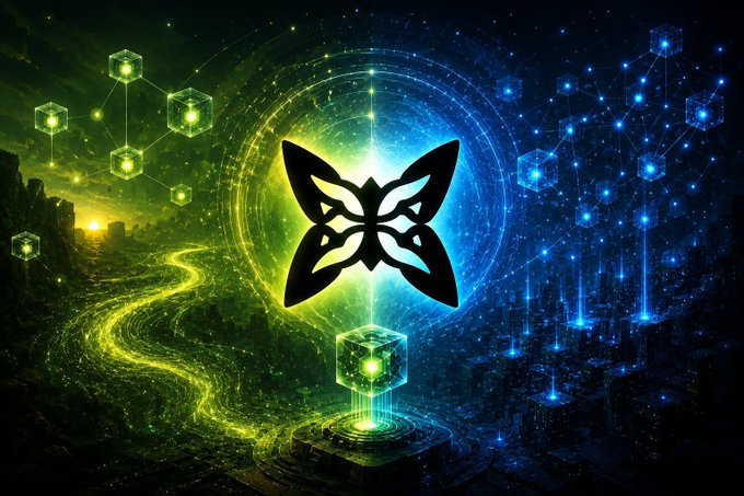 A digital artwork featuring a central glowing butterfly silhouette flanked by green and blue magical energy, with floating geometric cubes and a winding glowing path on one side and a futuristic city on the other.
