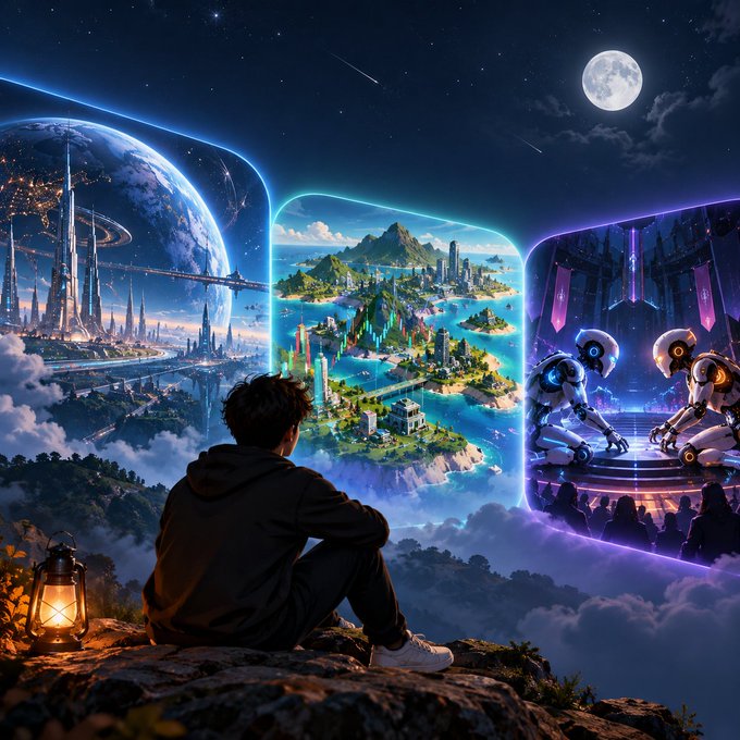 A person sits on a rocky ledge with a lantern, viewing three glowing virtual worlds: a futuristic city, a tropical island, and a robot arena, under a starry sky and full moon.