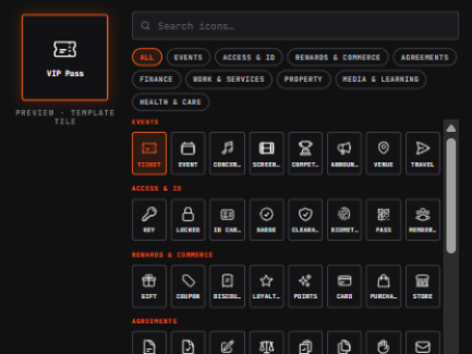 A dark-themed app interface showing a 'VIP Pass' template preview with categories like Events, Access & ID, Rewards & Commerce, and a grid of icons below.