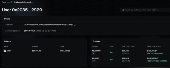 The image shows a blockchain explorer page for user "0x2035...2929" with an account balance of $807,640.25 in USDT, displaying two leveraged long positions: a 5x NEAR/USDT position showing a +7.45% gain ($6,165.04 profit) and an 11x ETH/USDT position showing a +159.06% gain ($234,805.05 profit), which together support the post's claim of approximately $241K in total unrealized gains across the whale's leveraged longs.