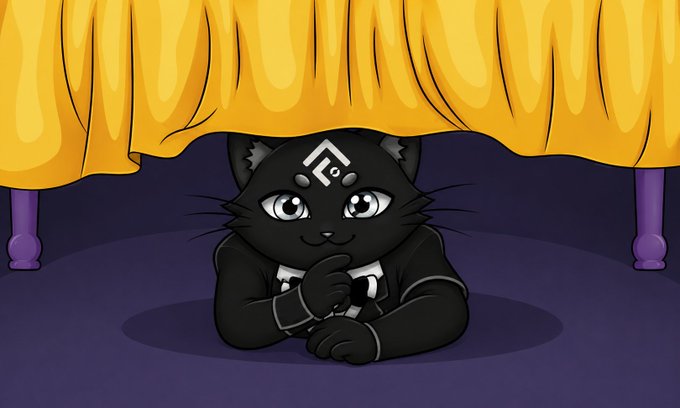 A black cat with a white "F" symbol on its forehead peeks out from under a golden curtain, watching intently. The image visually represents Fluton's "universal confidentiality engine" by symbolizing privacy and hidden observation in the digital economy, where encryption keeps Web3 interactions concealed from surveillance.