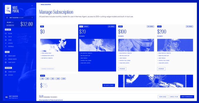 A "Manage Subscription" page for a service called "Nexus Portal" displaying credit-based pricing tiers ($0 Free, $20 Curious at $0.05/credit, $100 Per Month, $200 Per Month, and custom upgrades) with a dark blue, futuristic dashboard aesthetic. The post mocks this as a boomer-era interface that looks like AI-generated front-end design with security flaws, suggesting the overly polished corporate SaaS styling betrays its automated, claude-coded origins.