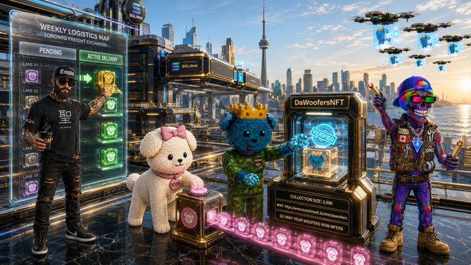 A vibrant digital artwork depicting a futuristic cityscape where characters, including one in a bear costume and a teddy bear, interact with a 'DaWoofersNFT' collection display and a weekly logistics map interface.