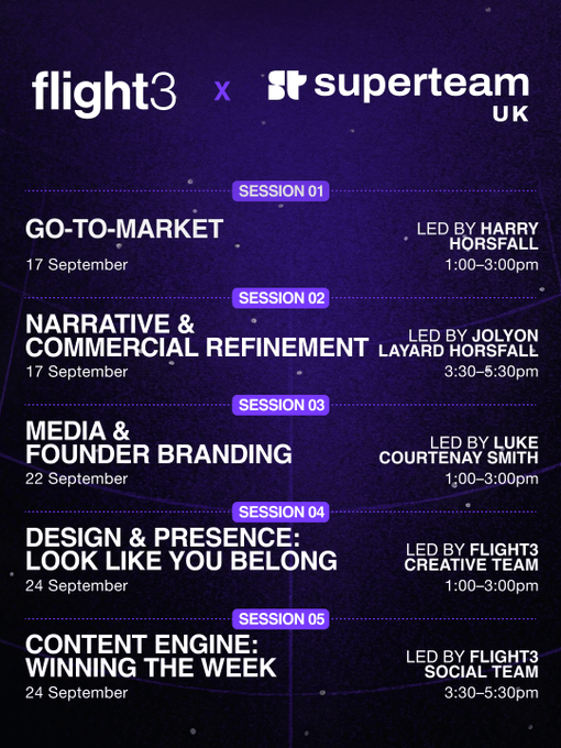 Promotional flyer for flight3 x superteam UK sessions: Session 01 Go-to-Market (17 Sept, led by Harry Horsfall, 1:00-3:00pm), Session 02 Narrative & Commercial Refinement (17 Sept, Jolyon Layard Horsfall, 3:30-5:30pm), Session 03 Media & Founder Branding (22 Sept, Luke Courtenay Smith, 1:00-3:00pm), Session 04 Design & Presence (24 Sept, Flight3 Creative Team, 1:00-3:00pm), Session 05 Content Engine (24 Sept, Flight3 Social Team, 3:30-5:30pm).