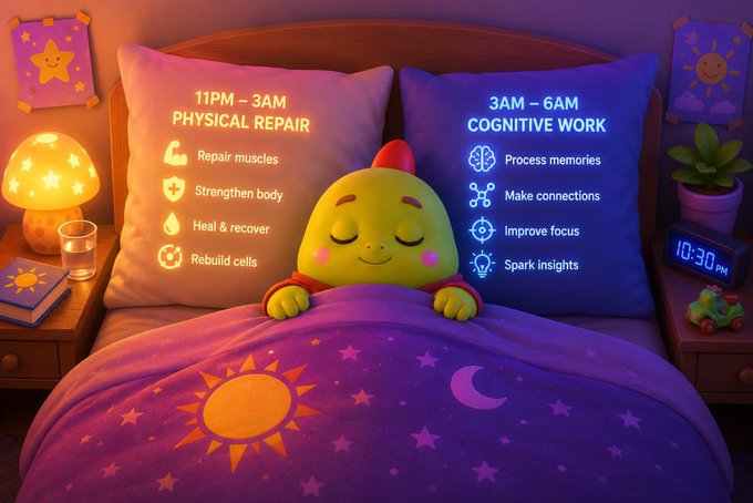 A cozy bedroom illustration featuring a cute green creature with closed eyes tucked in bed, with informational text about sleep cycles: '11PM - 3AM PHYSICAL REPAIR' for muscle/body repair and '3AM - 6AM COGNITIVE WORK' for memory processing and focus improvement.