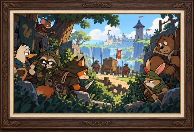 An illustrated fantasy scene framed in an ornate wooden border, depicting anthropomorphic animal characters in hooded cloaks and armor watching a medieval caravan approach a distant castle.
