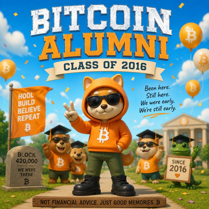 A colorful cartoon-style 'Bitcoin Alumni Class of 2016' graduation poster featuring a dog mascot in an orange Bitcoin hoodie throwing a peace sign, with slogans 'HODL BUILD BELIEVE REPEAT', 'Block 420,000 We Were There', and a disclaimer 'Not financial advice. Just good memories.'