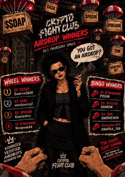 A promotional poster for Crypto Fight Club AIRDROP WINNERS at 10.1 Thursday Space, listing wheel winners ($5 $SOAP, $SASK, $SPISSIN, $SPOKEAHOE) and bingo winners, featuring a goth-style woman with sunglasses and a fur coat.