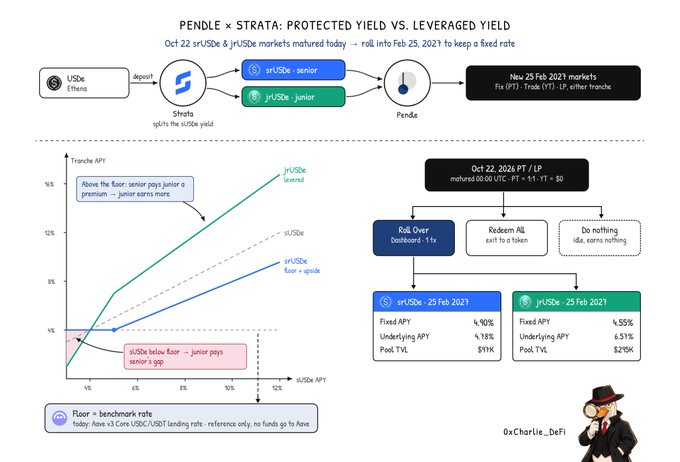 A presentation slide titled “PENDLE × STRATA: PROTECTED YIELD VS. LEVERAGED YIELD” compares senior, junior, and fixed APY options around rollovers and redemptions.