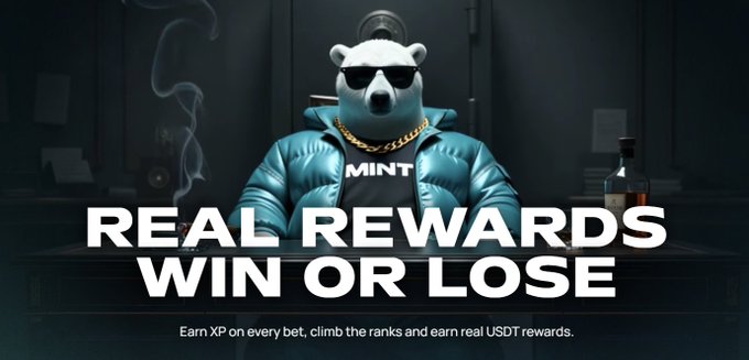 An advertisement featuring a polar bear wearing sunglasses and a gold chain in a blue puffer jacket with "MINT" on its shirt, displaying the text "REAL REWARDS WIN OR LOSE" and "Earn XP on every bet, climb the ranks and earn real USDT rewards."