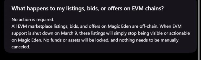 A dark-themed FAQ section titled 'What happens to my listings, bids, or offers on EVM chains?' explaining that no action is required and listings will stop being visible after EVM marketplace support shuts down on March 9.