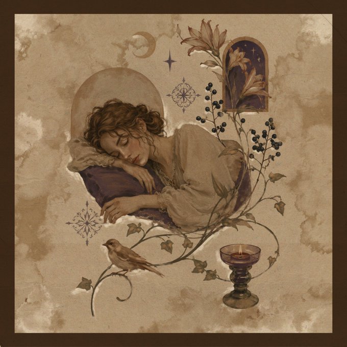 Sepia-toned artistic illustration of a sleeping woman on a pillow surrounded by flowers, berries, a small bird, and a candle.