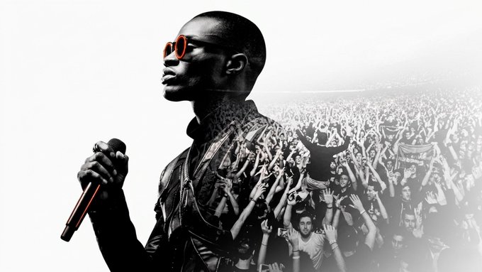 A stylized black-and-white image of a man with sunglasses holding a microphone, rendered with a crowd of people making up his torso.
