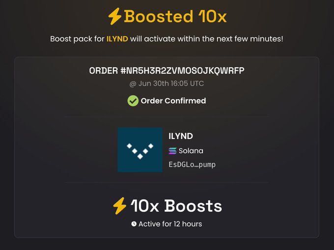 A dark confirmation screen shows a "Boosted 10x" order (#NR5H3R2ZVMOSOJKQWRFP) confirmed on Jun 30th 16:05 UTC, activating 10x Boosts on the Solana token $ILYND (EsDGLo...pump) for 12 hours—visually verifying the post's claim that ILYND is now boosted on Dexscreener.