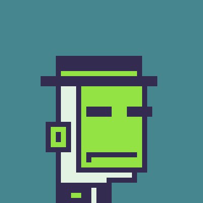 Pixel art style illustration of Frankenstein's monster with a green face, flat-top head, and bolts on the neck against a teal background.