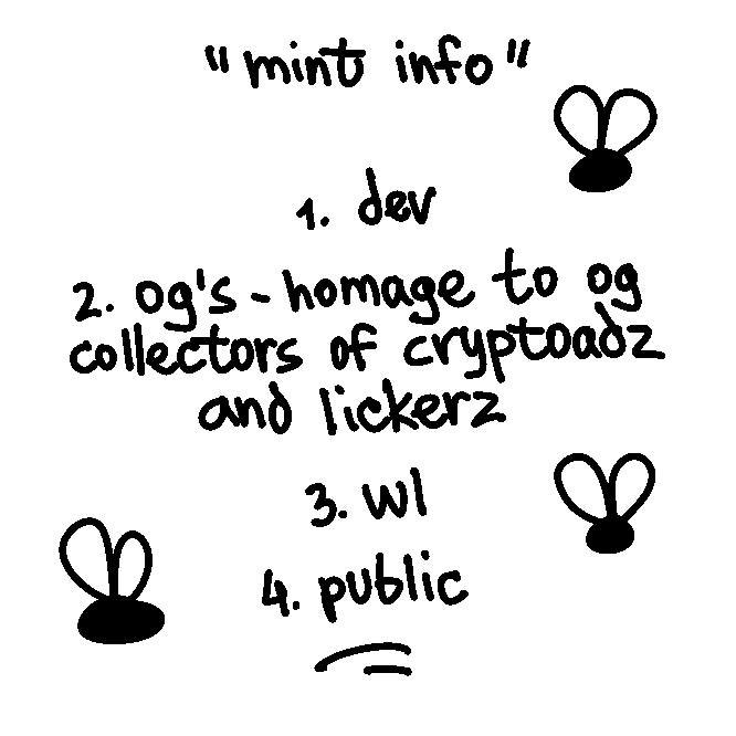 Handwritten "mint info" notes outline a 4-phase NFT mint schedule: 1) dev, 2) OG's (homage to collectors of Cryptoadz and Lickerz), 3) WL, and 4) public. Small bunny/drawing icons decorate the layout.