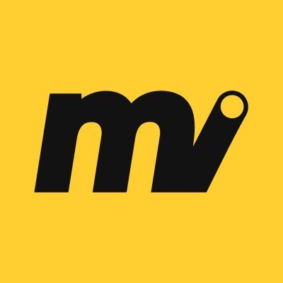 A minimalist logo consisting of a black, stylized lowercase letter combination 'mv' on a solid yellow background.