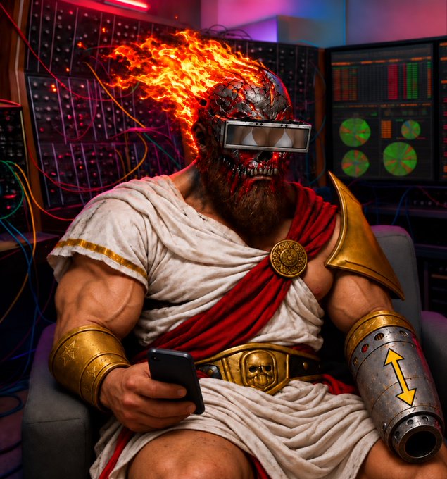A muscular figure with a flaming skull face, wearing Roman-style armor with a red sash and gold shoulder plate, sits on a couch absorbed in their smartphone while surrounded by chaotic tangles of cables and glowing trading screens displaying market charts and radar interfaces—ironically embodying the meme's advice to "touch digital grass" by choosing scrolling over the visible financial chaos behind them.