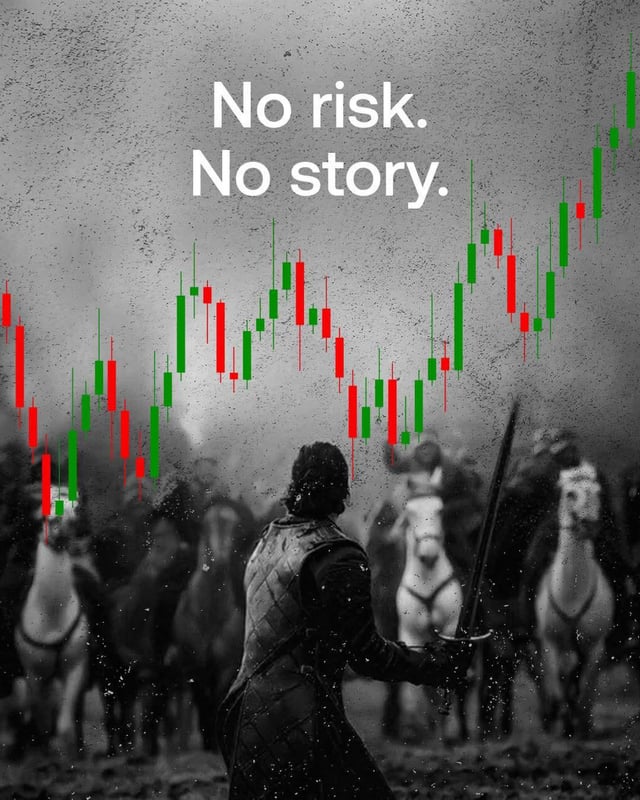 The image features a poster with a black and white background, depicting several horses and people riding them. In the center of the scene is a man standing upright holding a sword or a shield while facing multiple horses that are either walking or running on the ground. The background includes the words "No Risk. No Story." written in red at the top of the poster. The poster seems to be talking about Bitcoin, suggesting that it might be promoting cryptocurrency as a way to avoid risks associated with traditional markets like gambling and stories related to them.