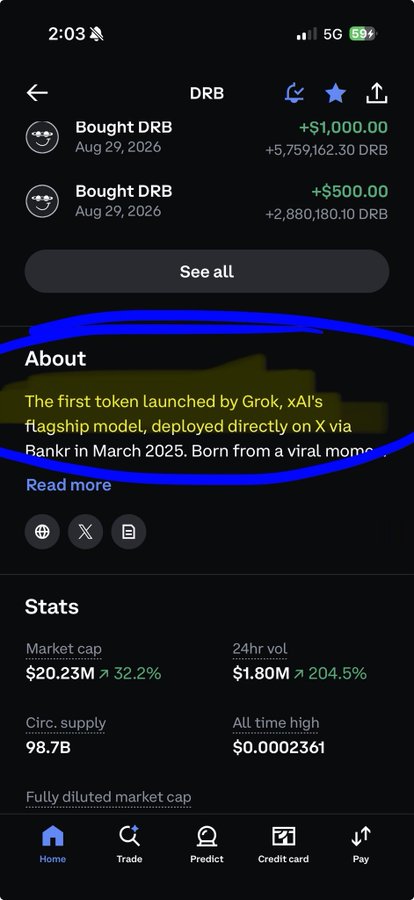 A screenshot of Coinbase's DRB token page highlighting the "About" section, which describes it as "The first token launched by Grok, xAI's flagship model, deployed directly on X via Bankr in March 2025," showing recent purchases of $1,000 and $500 on Aug 29, 2026, and stats including a $20.23M market cap (+32.2%) and $1.80M 24hr volume (+204.5%).