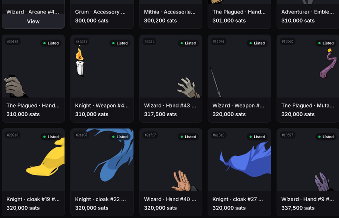 A grid of NFT listings from a fantasy-themed collection, showing items like 'Wizard - Arcane', 'Grum - Accessory', and 'Knight - Weapon' priced between 300,000 and 337,500 sats, all marked as 'Listed'.