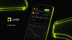 The image shows a smartphone displaying a trading app with candlestick charts and green-themed interface, branded "JustBit" with a "Stay tuned" message. The accompanying post discusses innovation in crypto beyond just launching tokens, focusing on reimagining trading systems for users, which aligns with the image's depiction of a trading platform.