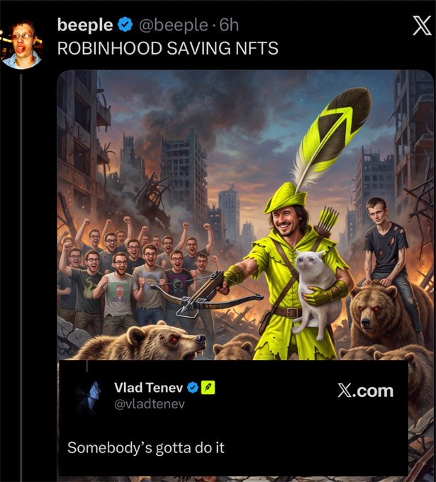 A screenshot of a tweet from 'beeple (@beeple)' captioned 'ROBINHOOD SAVING NFTS', showing an illustration of a Robin Hood-like figure with a dog and bears in a ruined city, with a quoted reply from Vlad Tenev (@vladtenev) saying 'Somebody's gotta do it'.