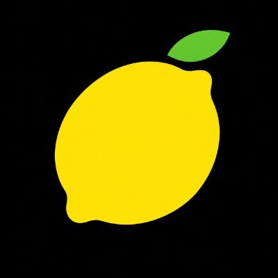 A minimalist graphic of a bright yellow lemon with a single green leaf on a solid black background.