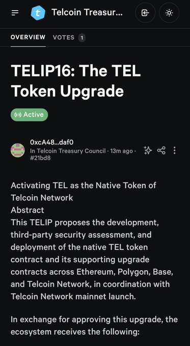 A screenshot of the Telcoin Treasury Council interface showing "TELIP16: The TEL Token Upgrade" as an Active proposal, which proposes deploying the native TEL token contract across Ethereum, Polygon, Base, and Telcoin Network in coordination with the Telcoin Network mainnet launch. This aligns with the post's excitement about Telcoin's mainnet launch and the 2026 vision, as the token upgrade proposal is a critical step toward activating TEL as the native token of the Telcoin Network.