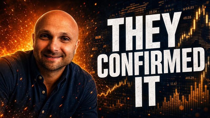 A thumbnail featuring a bald man in a dark shirt beside bold white text reading "THEY CONFIRMED IT," set against a fiery orange and black background with an overlaid candlestick chart showing price figures like 48.08, 46.66, and 12.47. The image visually reinforces the post's message about onchain lending, RLUSD yield strategies, and credit issuance for $XRP holders, using the dramatic "THEY CONFIRMED IT" headline and financial chart backdrop to emphasize a major development affecting XRP's utility.