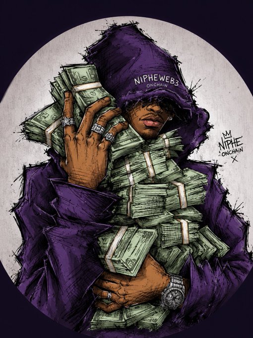 An illustrated artwork of a figure in a purple hooded jacket adorned with the text 'NIPHEWEB3 ONCHAIN,' surrounded by and holding stacks of cash, wearing multiple rings and a watch.